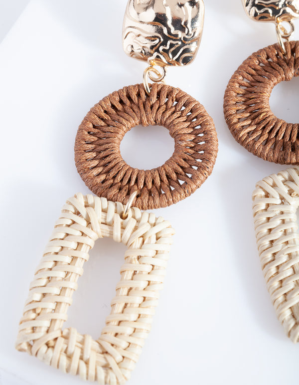Gold & Brown Raffia Geometric Drop Earrings