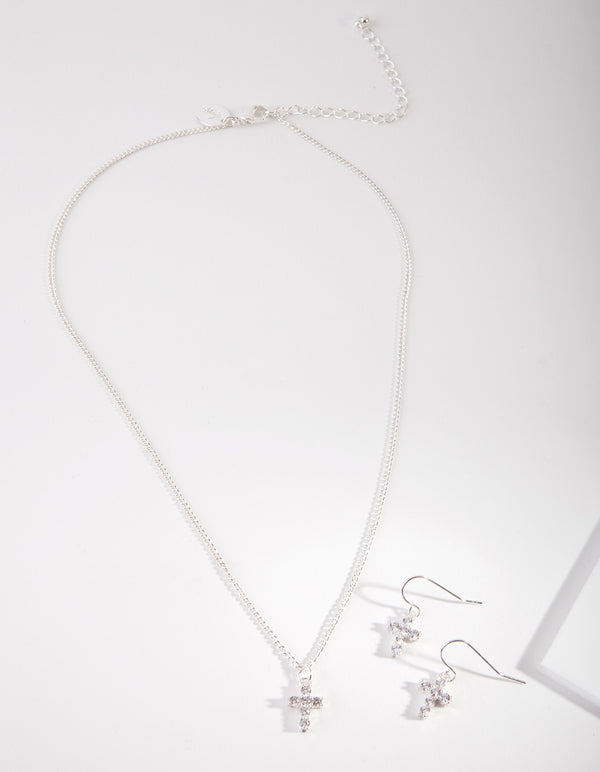 Silver Cubic Zirconia Cross Earring & Necklace Set
