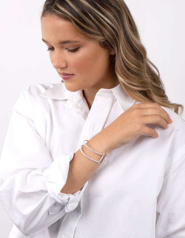 Silver Cubic Zirconia Row Cuff Bracelet