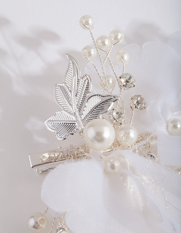 Silver White Fabric Flower Hair Clip