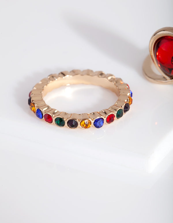 Gold Rainbow Diamante Red Ring Pack