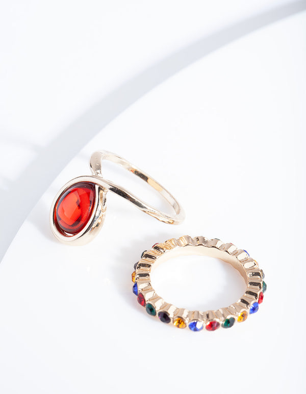 Gold Rainbow Diamante Red Ring Pack