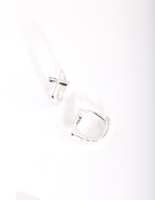 Silver Cross Huggie Earrings