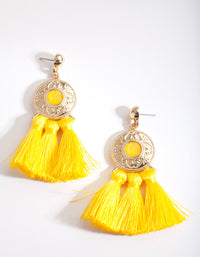 Yellow Tassel Gold Disc Earrings - link has visual effect only
