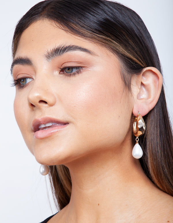 Gold Hoop Earrings with Pearl Teardrop