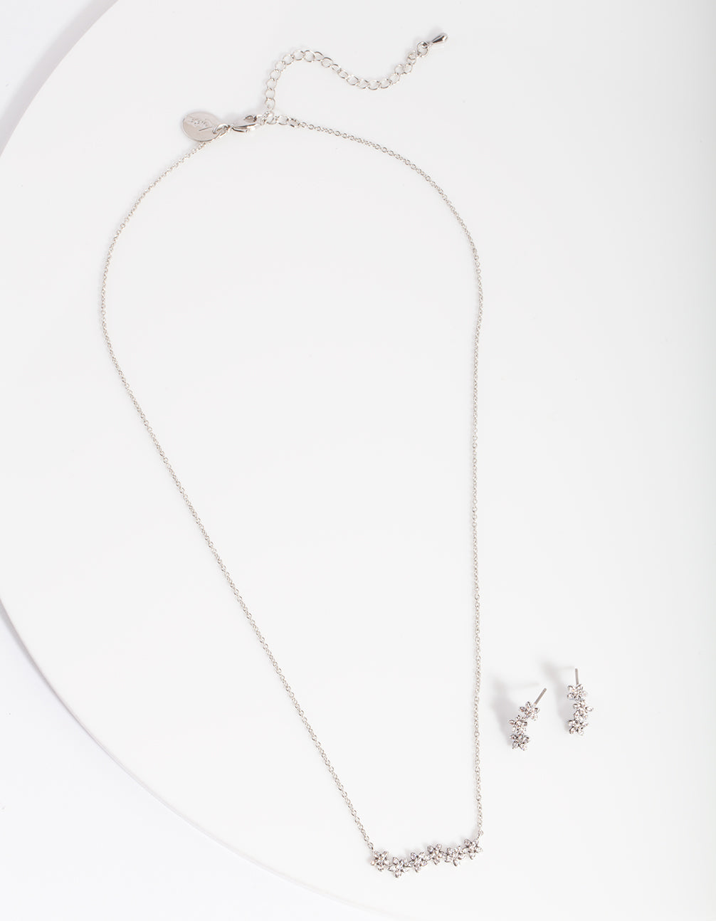 Silver Diamond Simulant Flower Cluster Necklace & Earrings Set