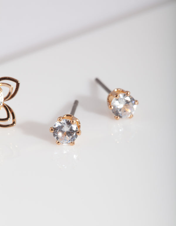 Gold Cubic Zirconia Flower Stud Earring Pack