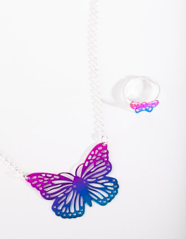 Kids Silver Butterfly Necklace Ring Set