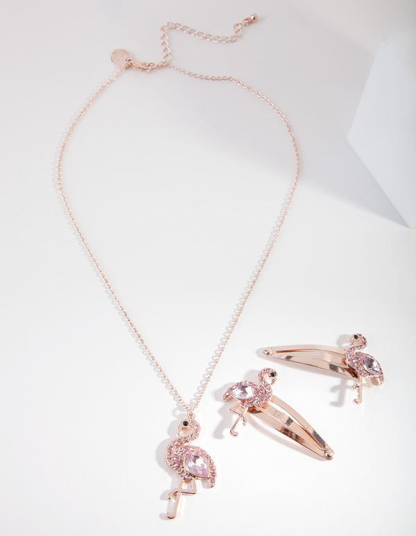 Kids Flamingo Necklace Hair Clip Set