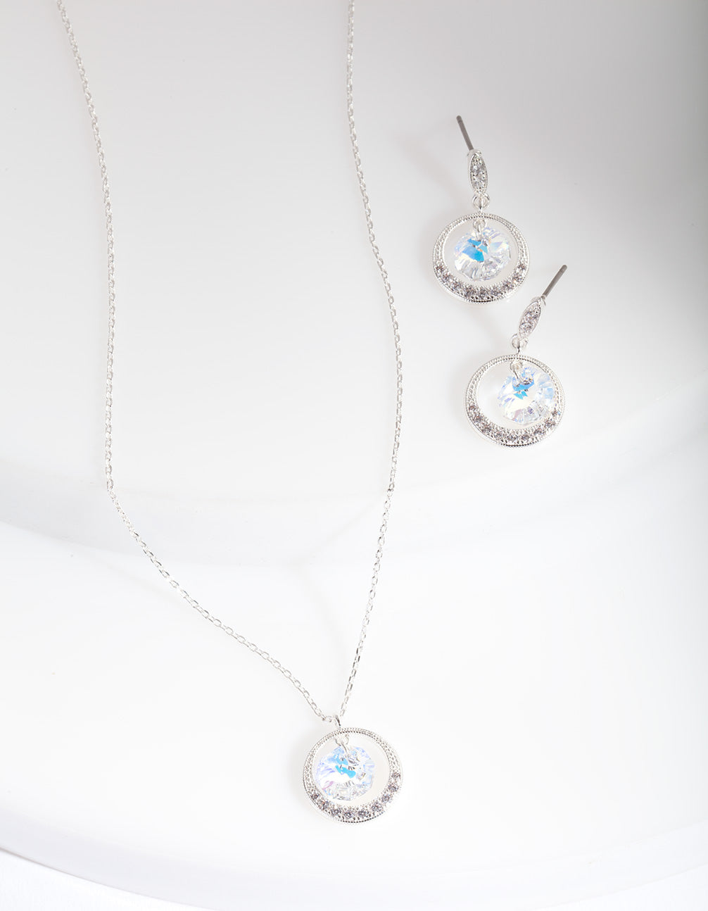 Silver Circle Cubic Zirconia Floating Necklace Earring Set