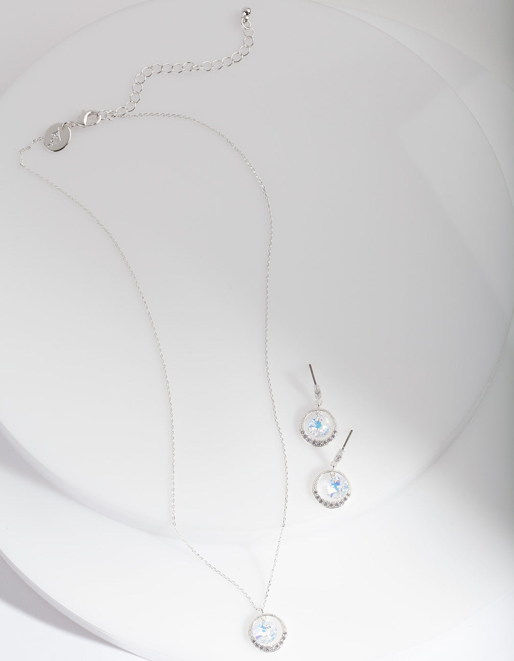 Silver Circle Cubic Zirconia Floating Necklace Earring Set