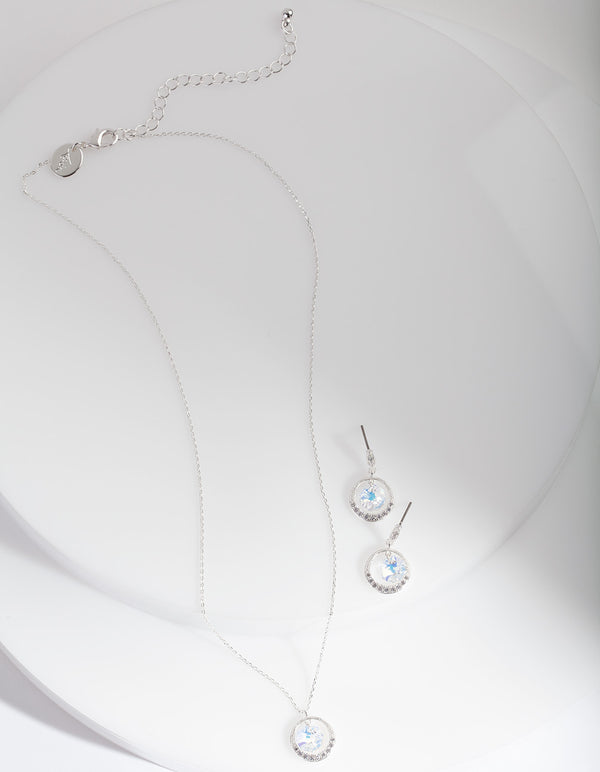 Silver Circle Cubic Zirconia Floating Necklace Earring Set