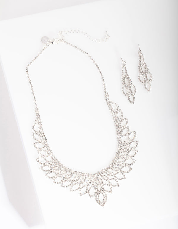 Silver Decorative Diamante Cupchain Earring Necklace Set
