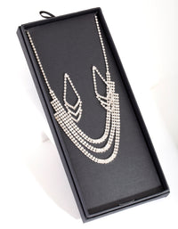 Silver Triple Row Cupchain Diamante Earring Necklace Set - link has visual effect only