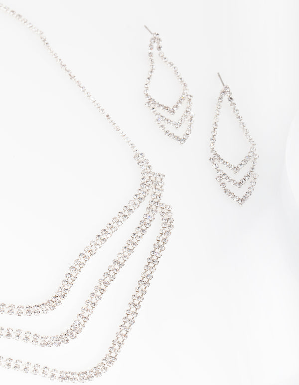 Silver Triple Row Cupchain Diamante Earring Necklace Set