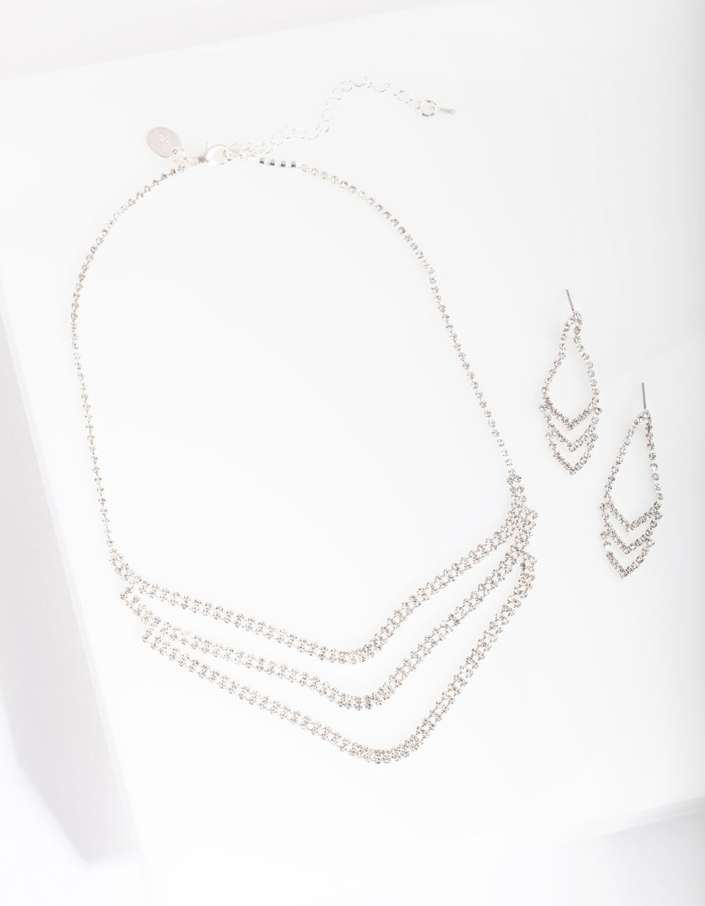 Silver Triple Row Cupchain Diamante Earring Necklace Set