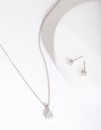 Silver 6mm Cubic Zirconia Earring Necklace Set - link has visual effect only
