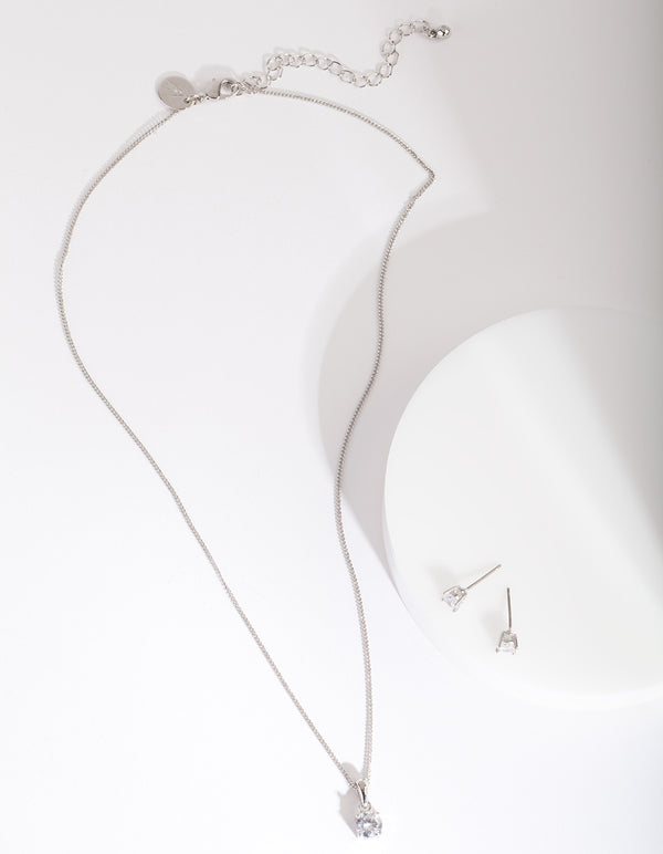 Silver 6mm Cubic Zirconia Earring Necklace Set