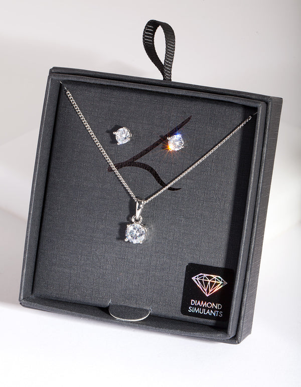 Silver 6mm Cubic Zirconia Earring Necklace Set