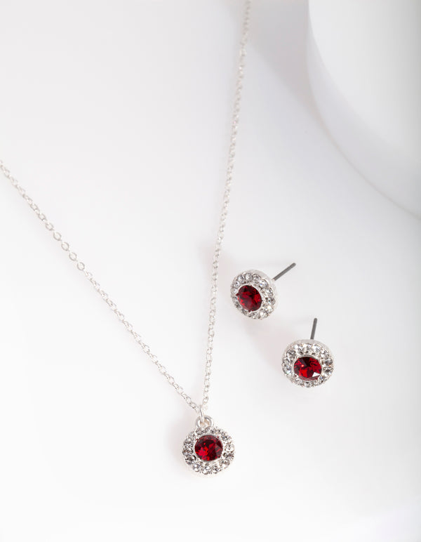 Silver Red Swarovski Earring Necklace Set