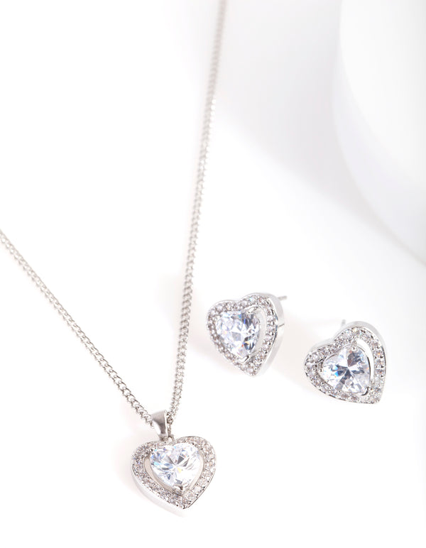 Silver Cubic Zirconia Boarder Heart Earring Necklace Set