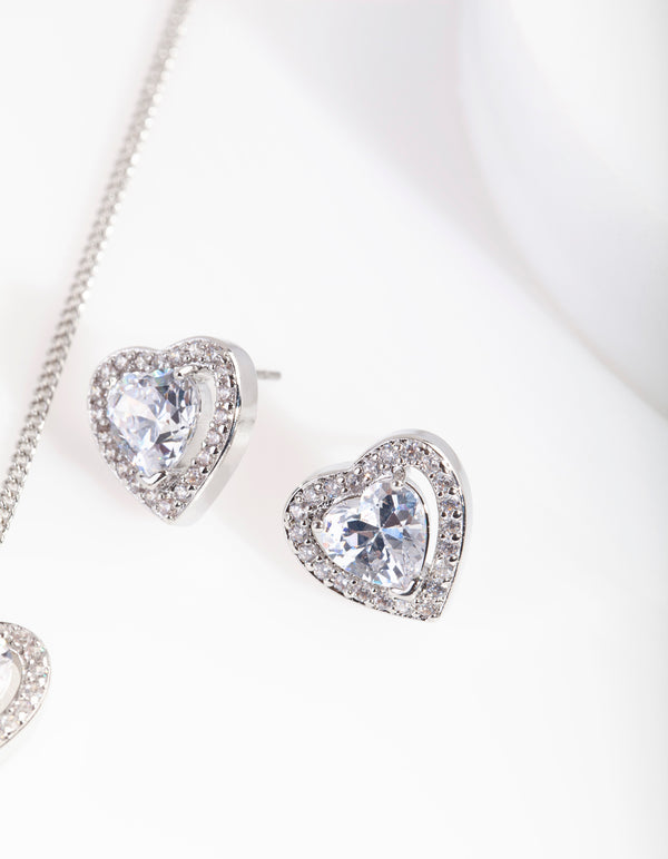 Silver Cubic Zirconia Boarder Heart Earring Necklace Set