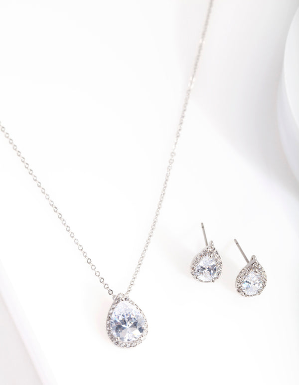 Silver Cubic Zirconia Surround Teardrop Earring Necklace Set