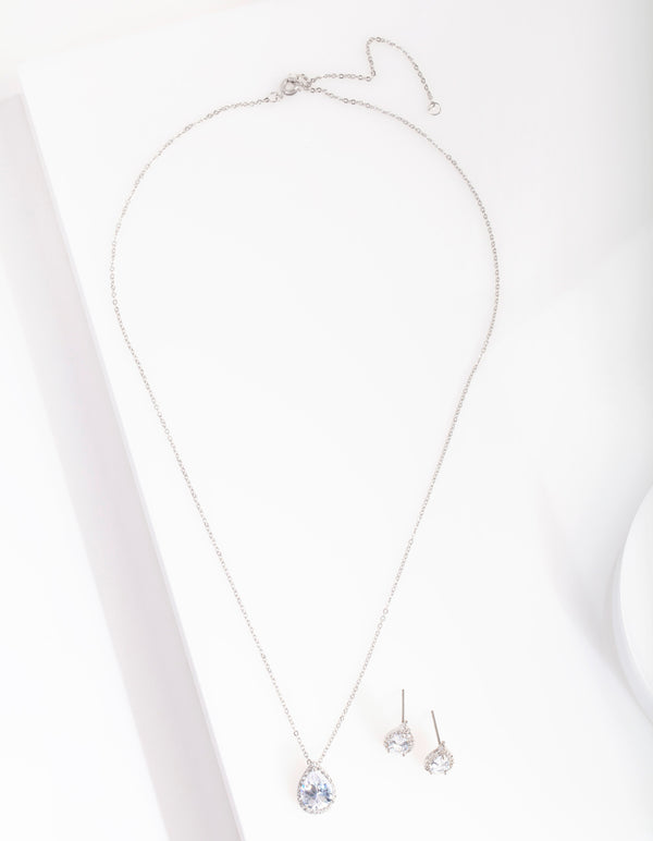 Silver Cubic Zirconia Surround Teardrop Earring Necklace Set