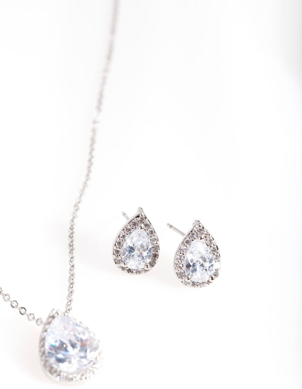 Silver Cubic Zirconia Surround Teardrop Earring Necklace Set