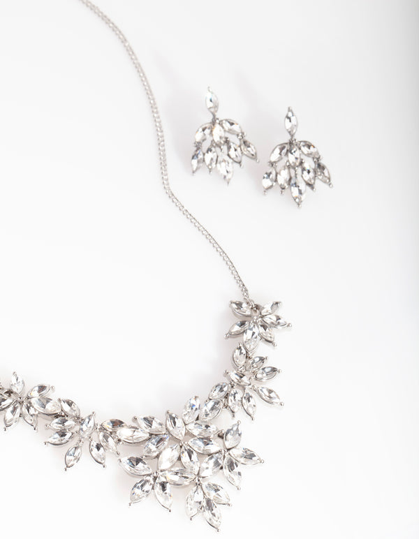 Silver Cubic Zirconia Cluster Necklace Earring Set