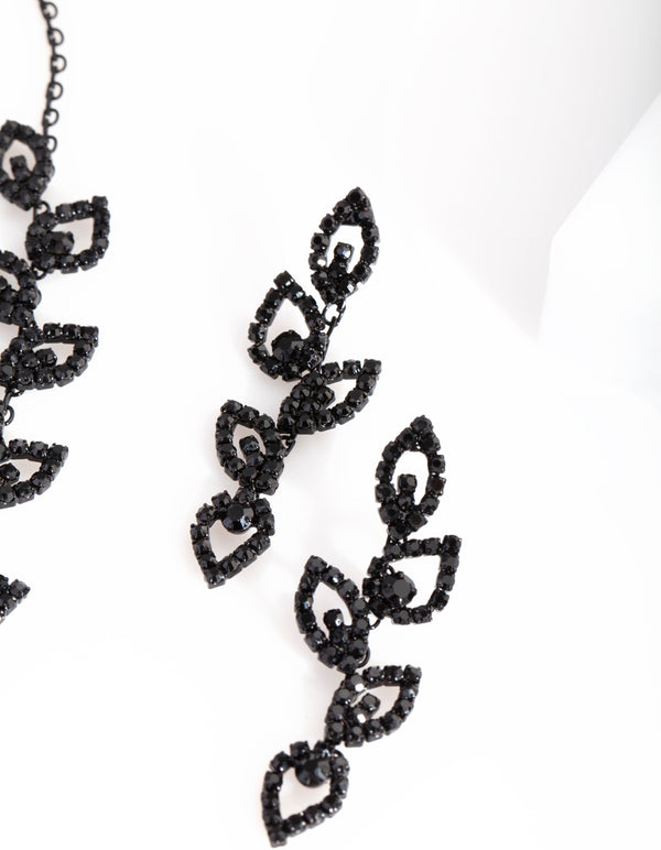 Black Cubic Zirconia Leaf Necklace Earring Set