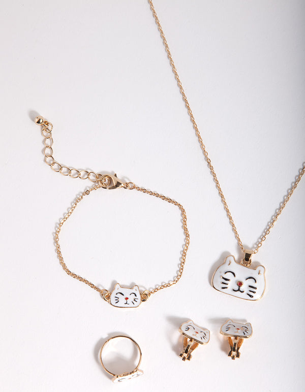 Kids Gold Enamel Cat Jewellery Set