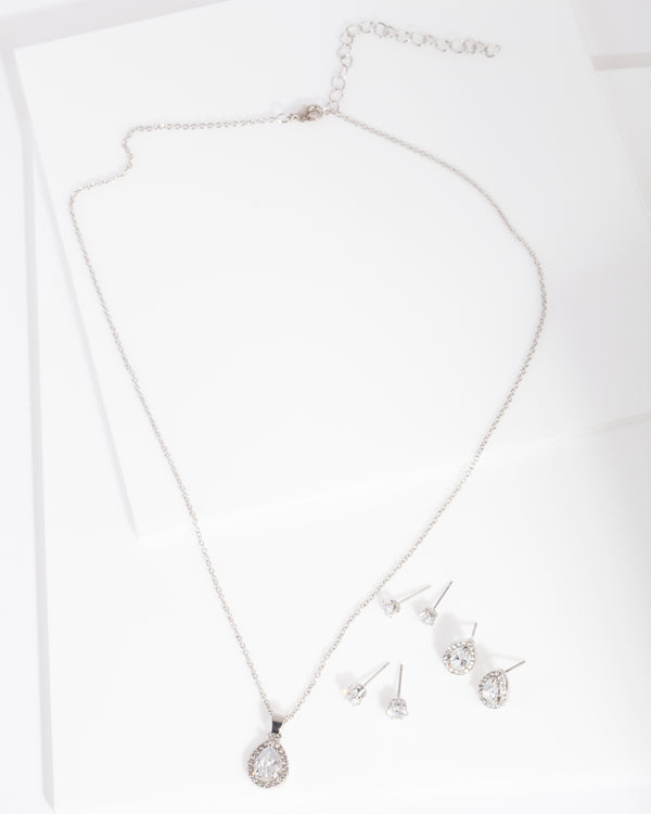 Diamond Simulant Pear Drop Earrings Necklace Set