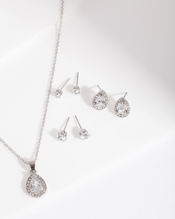 Diamond Simulant Pear Drop Earrings Necklace Set