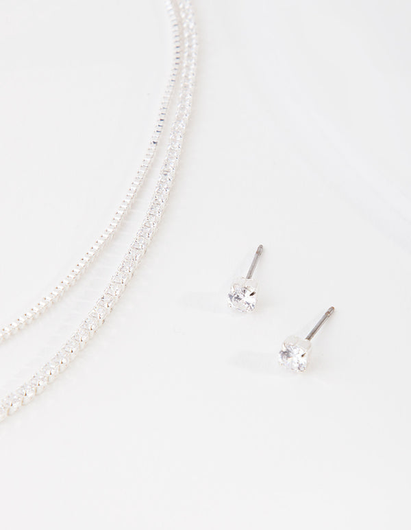 Cubic Zirconia Multi-Layered Necklace & Earrings Set