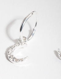 Sterling Silver Diamante Moon Charm Hoop Earrings - link has visual effect only