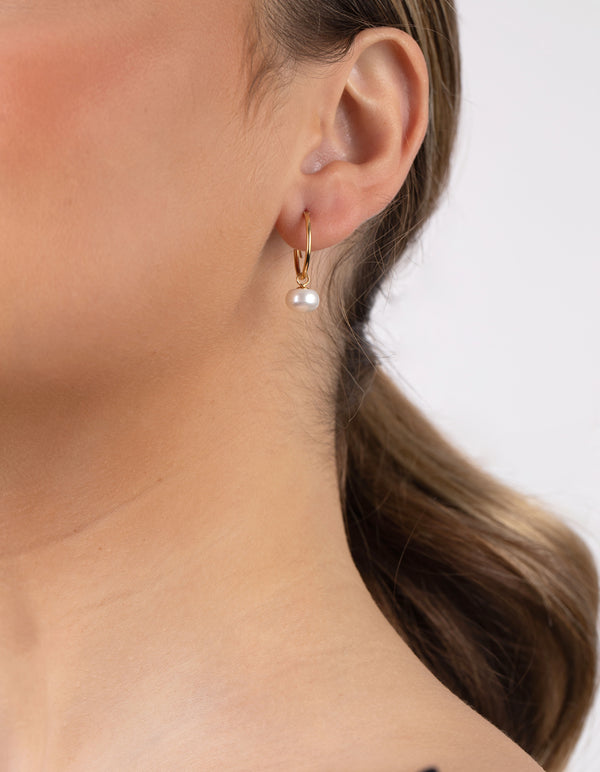 Gold Plated Sterling Silver Freshwater Pearl Dangle Hoop Earring