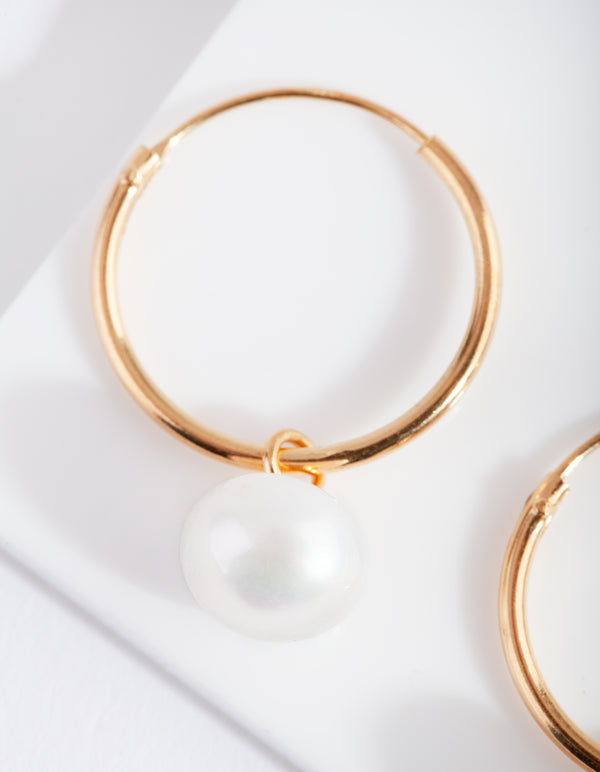 Gold Plated Sterling Silver Freshwater Pearl Dangle Hoop Earring