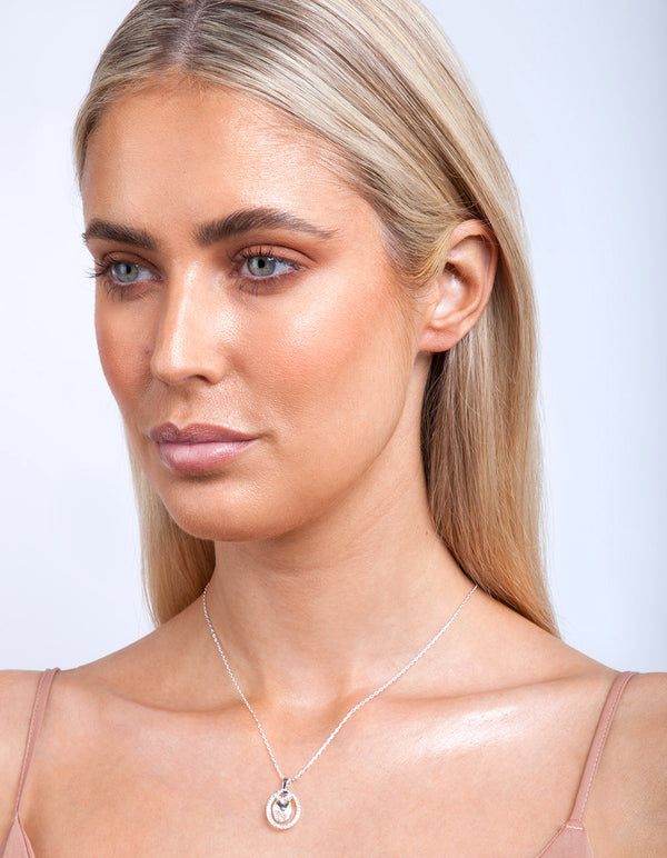 Silver Diamond Simulant Circular Stone Pendant Necklace