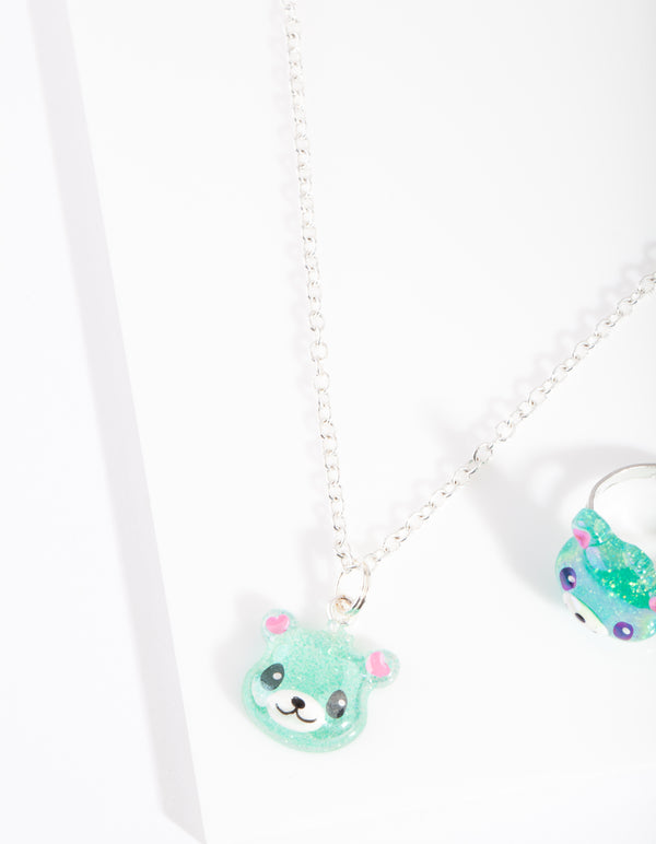 Kids Green Panda Necklace Ring Set