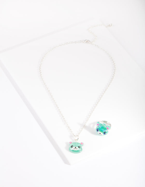 Kids Green Panda Necklace Ring Set