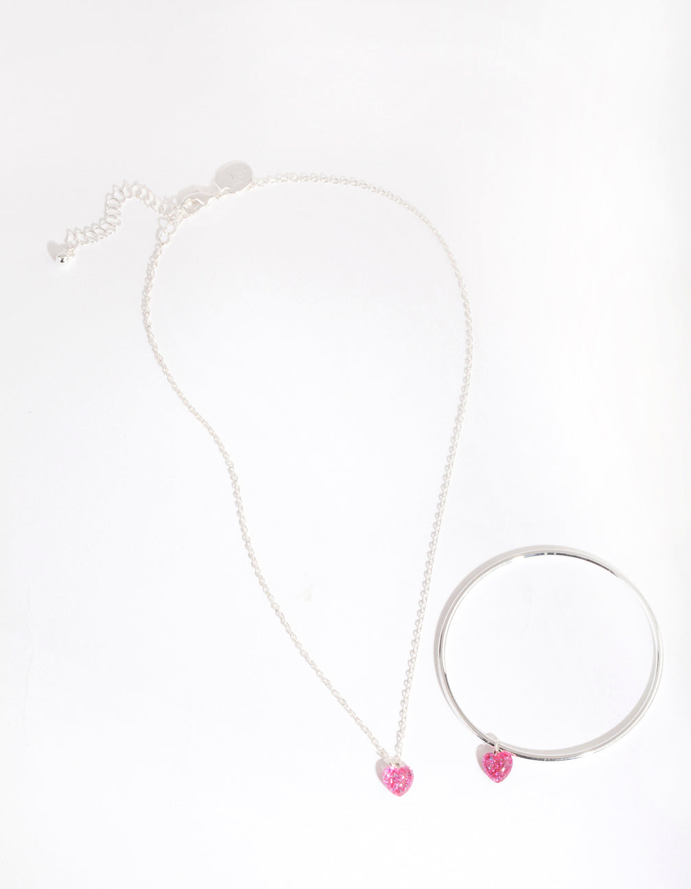 Kids Silver Pink Glitter Heart Necklace Bangle Pack