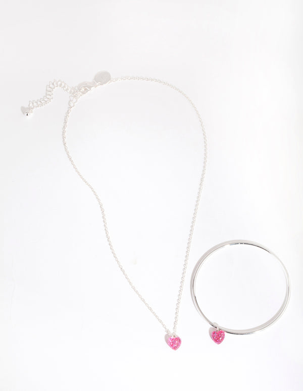 Kids Silver Pink Glitter Heart Necklace Bangle Pack
