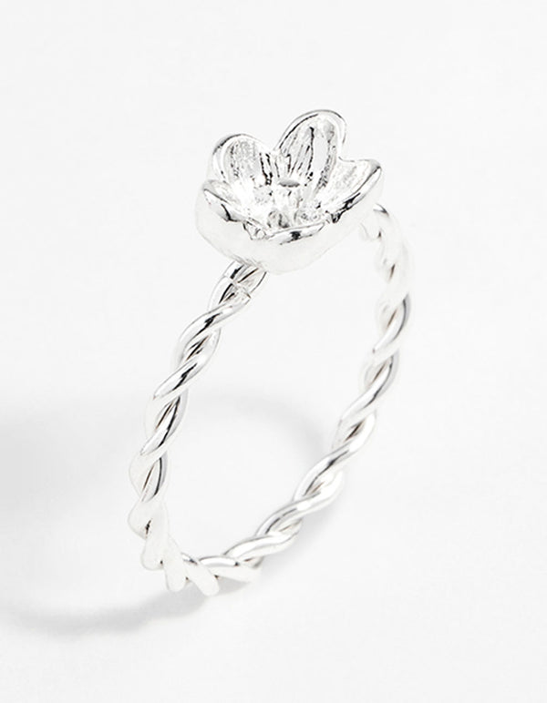 Silver Twist Band Flower Ring