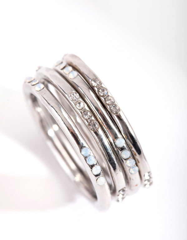 Rhodium Synthetic Opal Crystal 4 Ring Pack