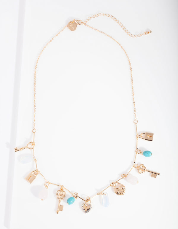 Gold Semi Precious Lock Charm Necklace