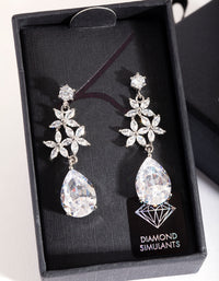 Silver Diamond Simulant Flower Teardrop Earrings - link has visual effect only