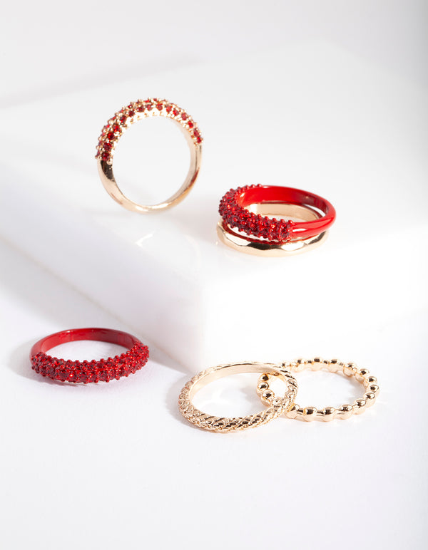 Gold Red Essential Diamante Ring 6-Pack