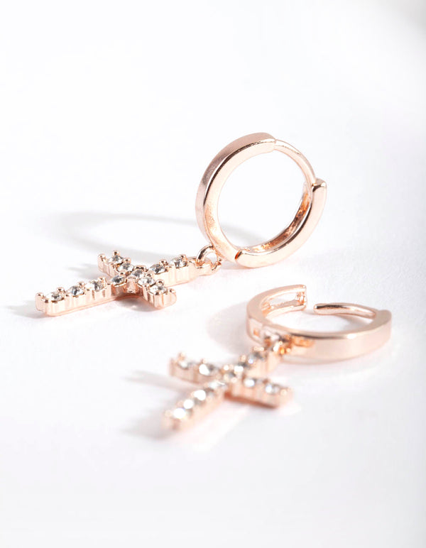 Rose Gold Diamante Cross Huggie Earrings