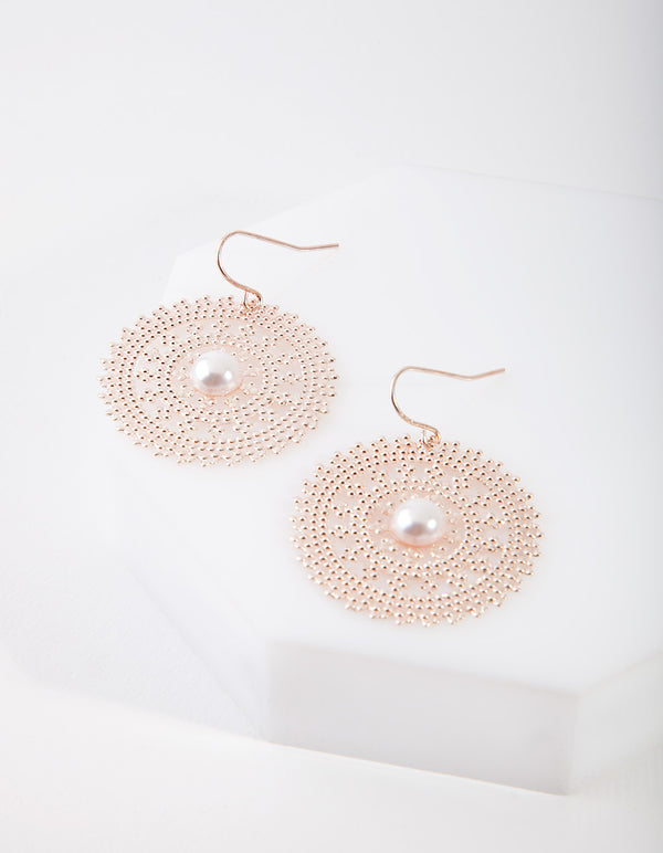 Rose Gold Staple Disc Pearl Drop Earrings